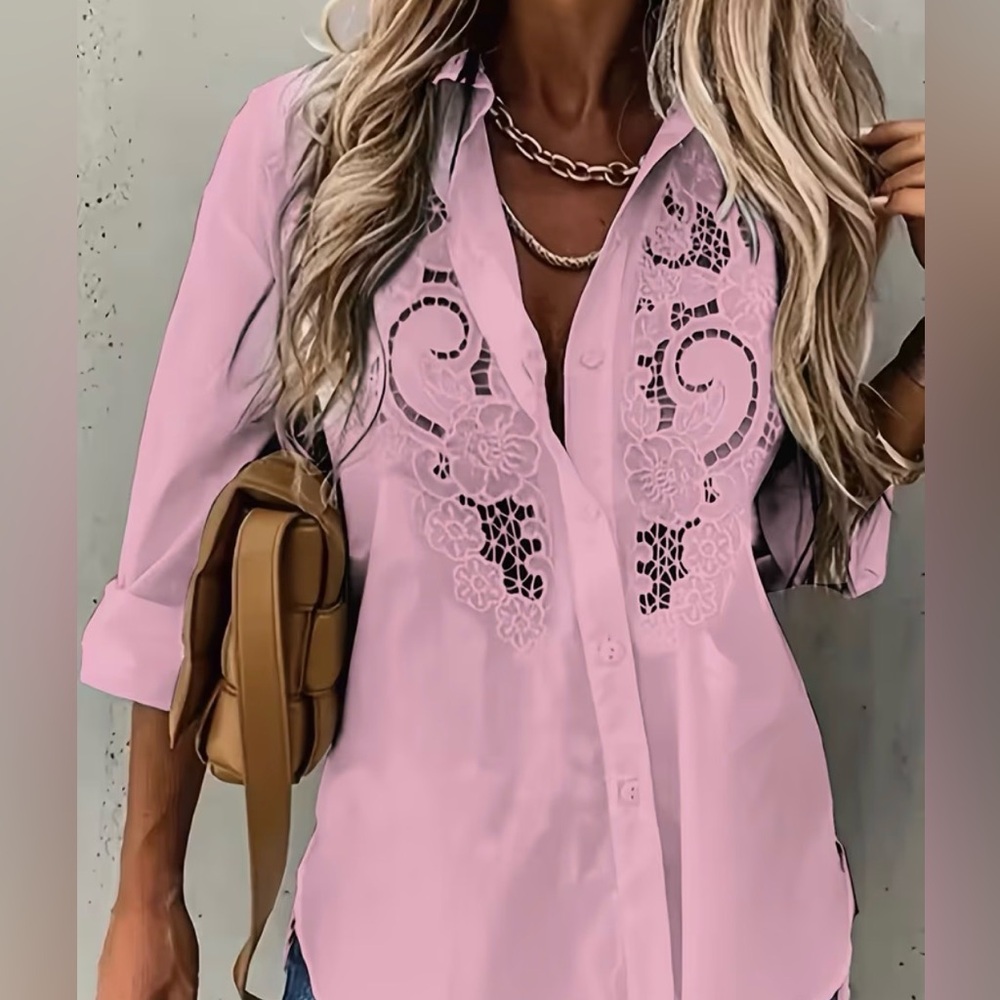 Rose 4X Pink Button-Down cut work, embroidered Panel Shirt